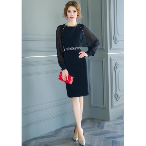 L264 Custom Made to order Polyester Crew Neck Beaded Cape Sleeve Sheath Dress Regular Size XS S M L XL & Plus size 1x-10x (SZ16-52)